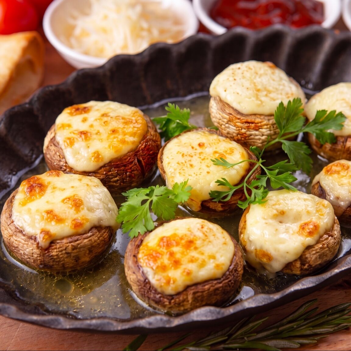 Шампиньоны запечённые с сыром сулугуни