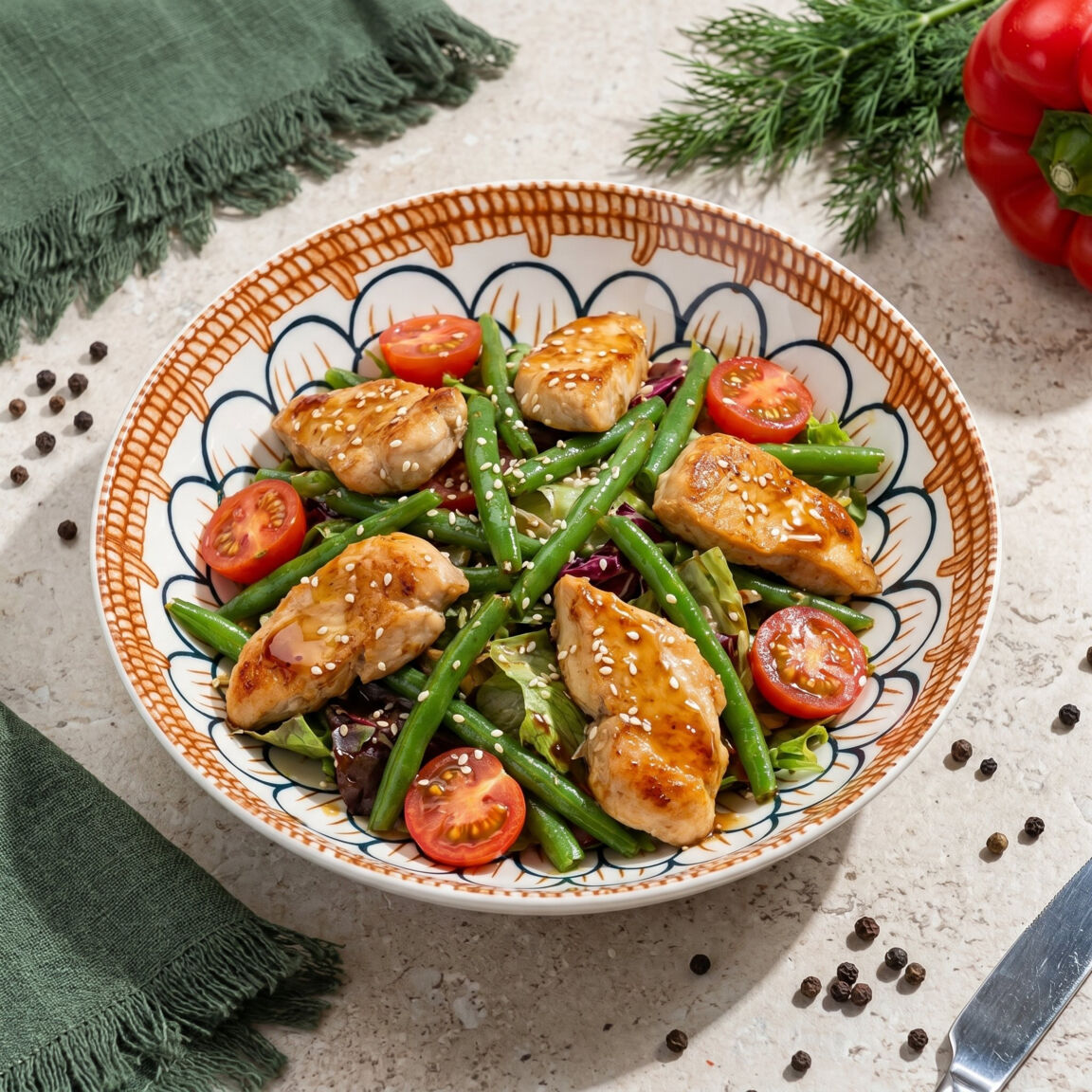 Теплый салат со стручковой фасолью и курицей