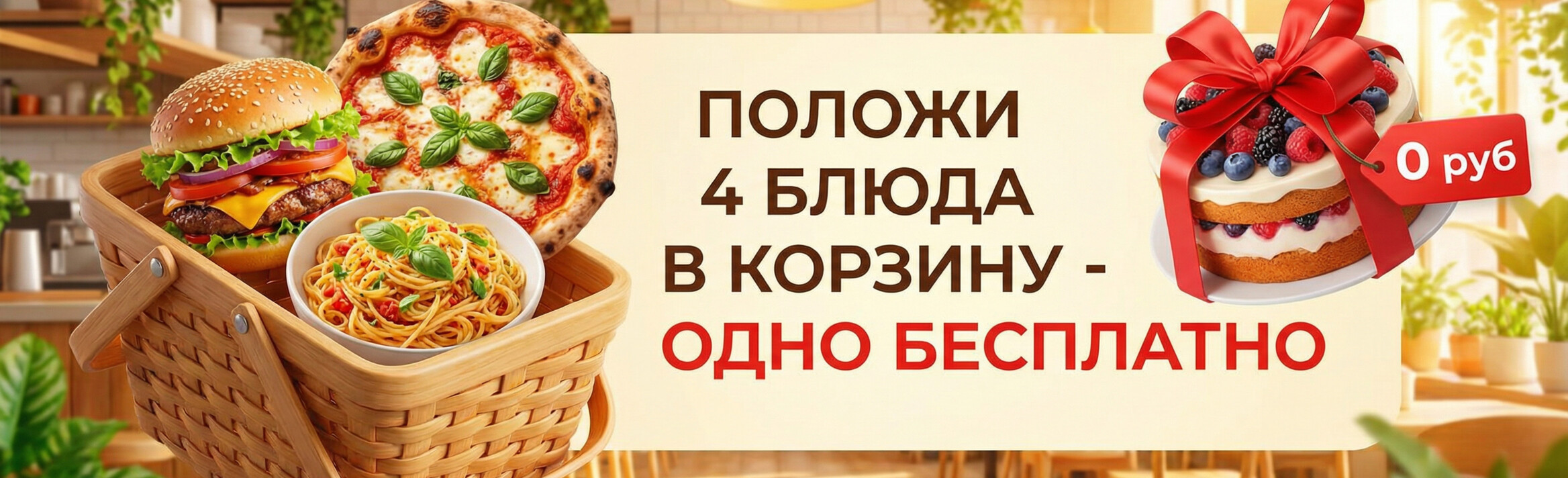 Положи в корзину 4 блюда - Одно Бесплатно