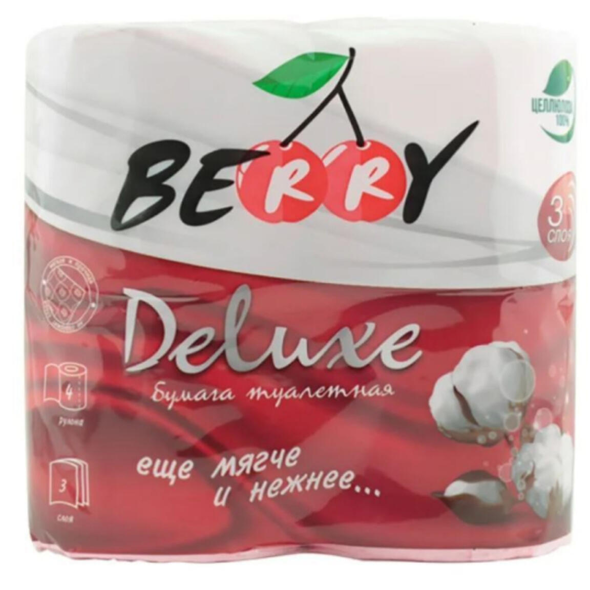 Туалетная бумага "Berry Delux" 3-сл, 4рул,  100% целлюлоза  4рулона/14уп