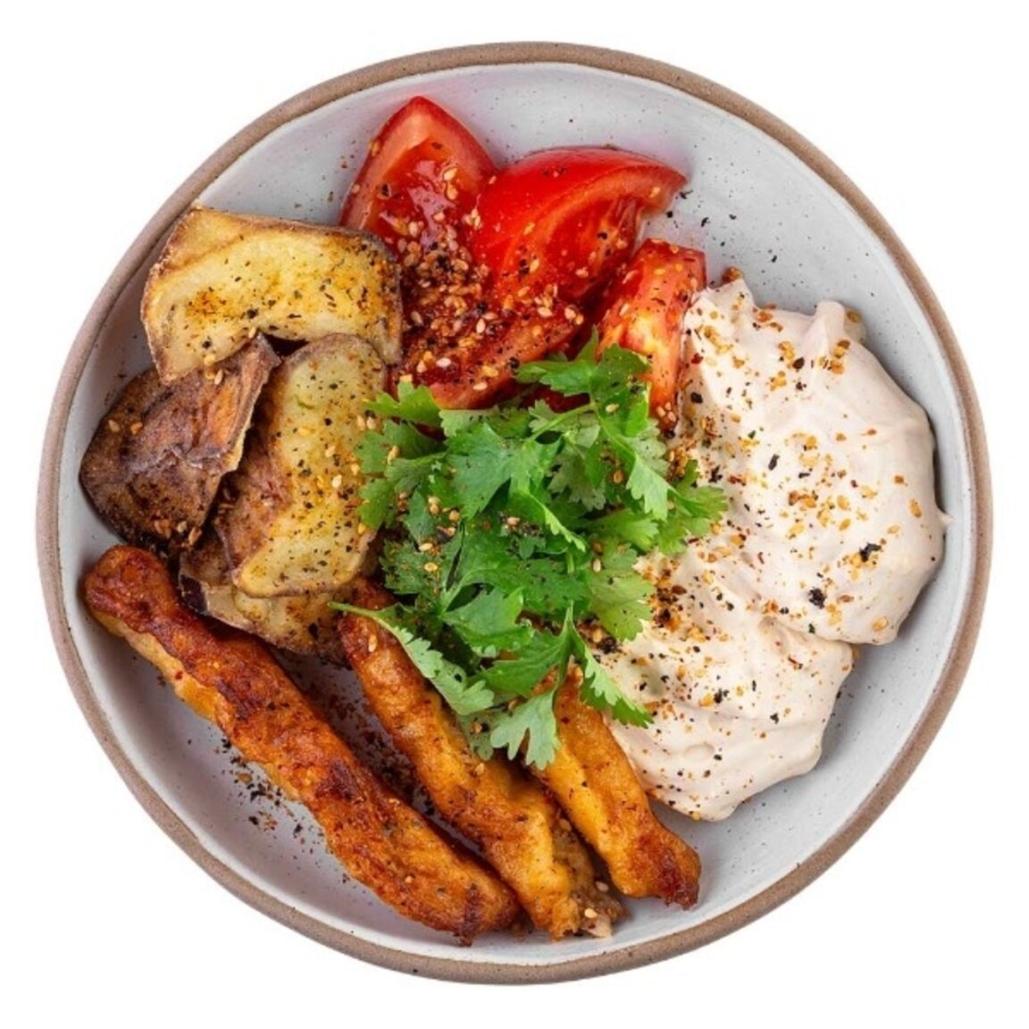 Красивая картинка Салат с баклажанами фри в мисо муссе Мияги Севастополь