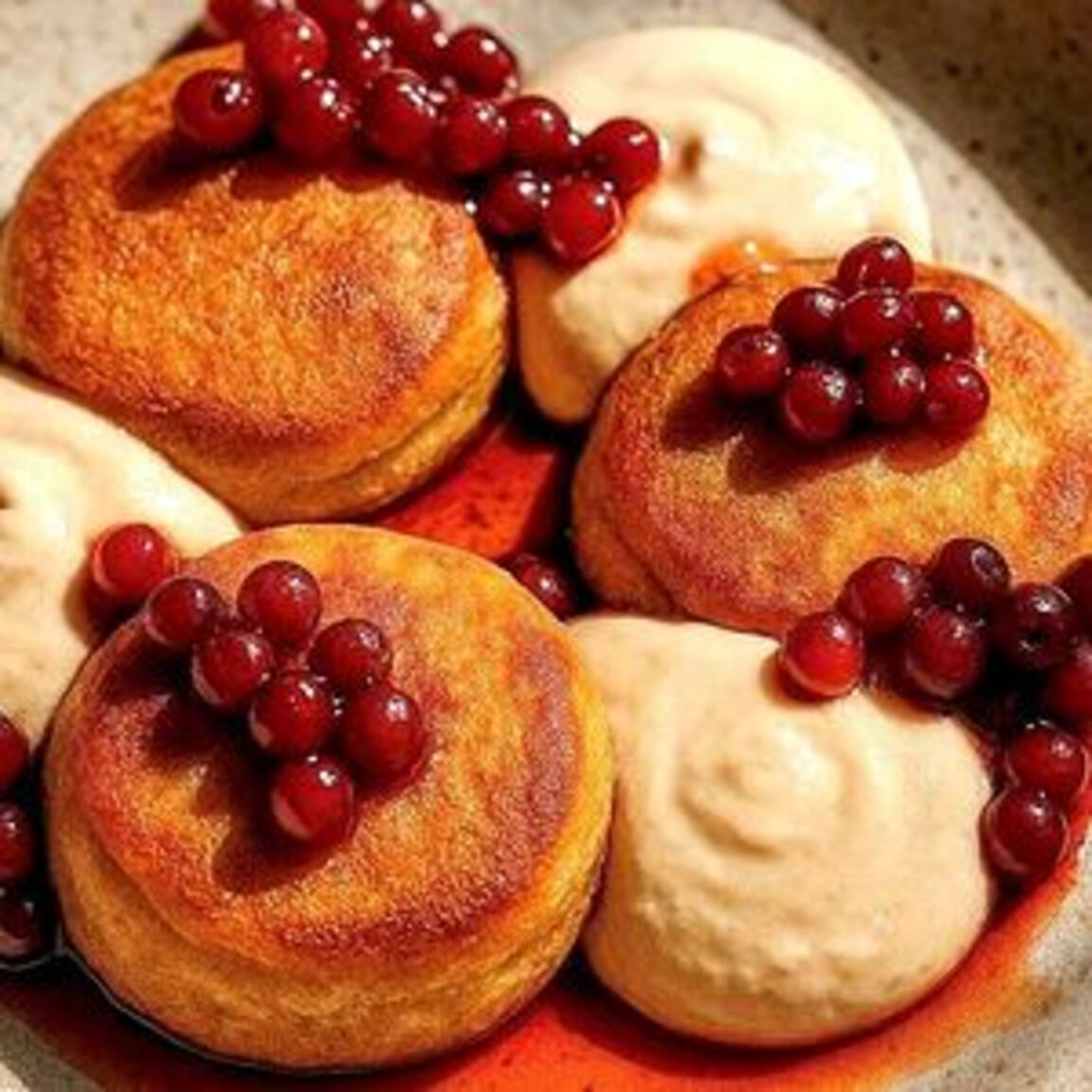 Сырники из топленого творога и муссом из ряженки и клюквы приготовлены в печи